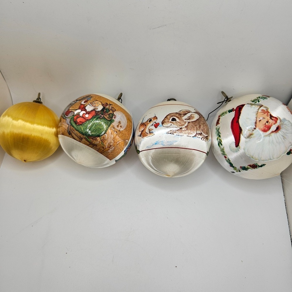 Vintage Satin Christmas Ball Ornaments Lot of 4 Santa Bunny Reindeer